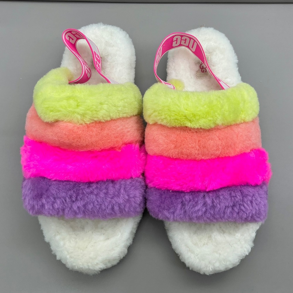 UGG Fluff Yeah Slide Sandals Rainbow Sheepskin Slingback Slippers Womens 12